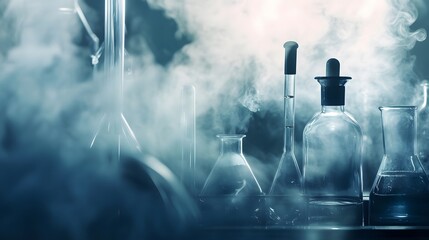 Glass beakers filled with liquid sit on a table with smoke swirling around them.