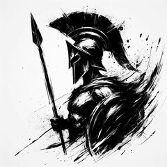 Une silhouette de guerrier spartiate grecque tout en noir, dans un style graphique , facile a détourer sur fond très clairs avec un effet encre noir