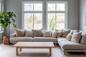 Fototapeta premium Minimalist, a modern japandi interior photo of a living room with windows and a sofa and table. Generative AI 