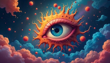 Sad Eye Gazing into the Dark Cosmos Fluffy Clouds and Floating Planets Surreal Meditation