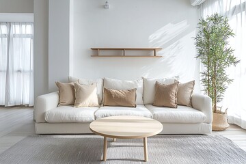 Minimalist, modern japandi interiors in the living room with wood shelves on white walls and sofas, cushions, and wood tables. Generative AI
