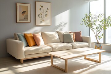 Fototapeta premium A modern japandi interior photo of a minimalist, fluffy sofa and pastel-toned cushion in a living room. Generative AI 