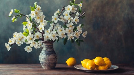 A vase filled with blooming almond branches sits on a wooden table. Beside it, a plate holds a few bright yellow lemons.