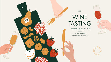 Wine event horizontal design template. Hands with glasses and charcuterie board. 