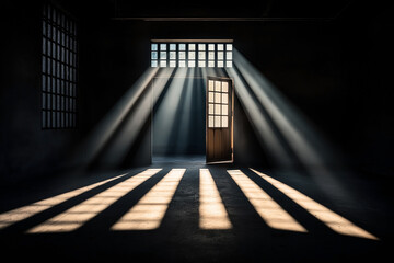 Sunlight streaming through a door with glass panels and windows, casting sharp light rays and shadows on the floor of a dark, empty room.