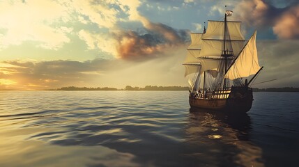 Obraz premium A wooden sailing ship with billowing sails glides through the calm waters at sunset.
