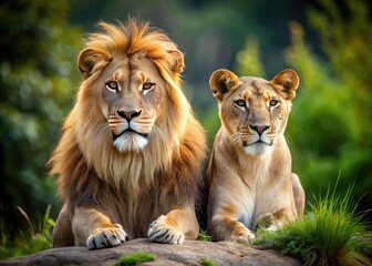 Obraz premium Majestic Male and Female Lions Together in a Natural Habitat Showcasing Their Strength and Beauty