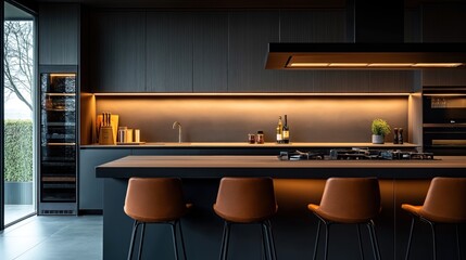 Modern kitchen interior with a sleek design, featuring a large island with bar stools, integrated appliances, minimalistic cabinetry, and ambient lighting.