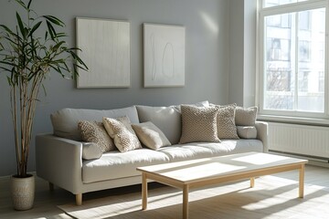 Fototapeta premium Minimalist, a modern japandi interior photo of a living room with art frames hanging on light gray walls and a sofa and cushion table. Generative AI 