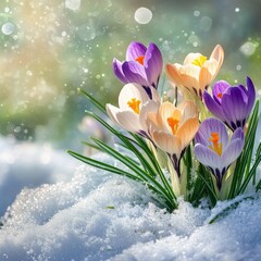 Colorful crocuses bloom through melting snow as winter transitions into spring near a sunny meadow