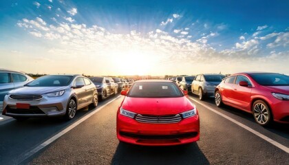 Obraz premium Small city cars fleet. A red car in front. Choosing new car concept. 