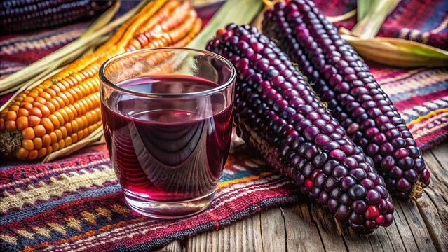 Richly hued purple corn kernels and chicha morada drink presented artistically on an intricate textile surface, captured in striking macro detail for