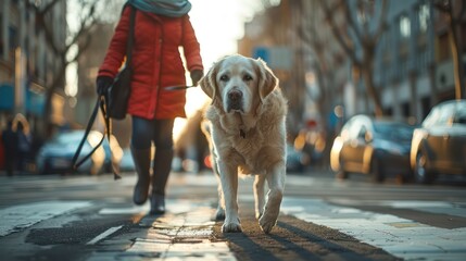 Guide Dog Safely and Confidently Leading a Visually Impaired Person Across the Street.