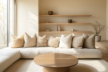 Minimalist, a modern japandi interior photo of a living room with light base walls with wood shelves and sofas and tables. Generative AI
