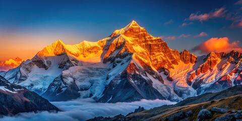 Fototapeta premium Majestic Mera Peak in Nepal Surrounded by Snow-Capped Mountains and Clear Blue Skies at Sunrise