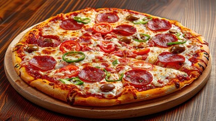 Italian Pizza with Mozzarella Cheese and Pepperoni on Wooden Table
