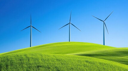 Fototapeta premium Wind Turbines on Green Hills Under Clear Blue Sky