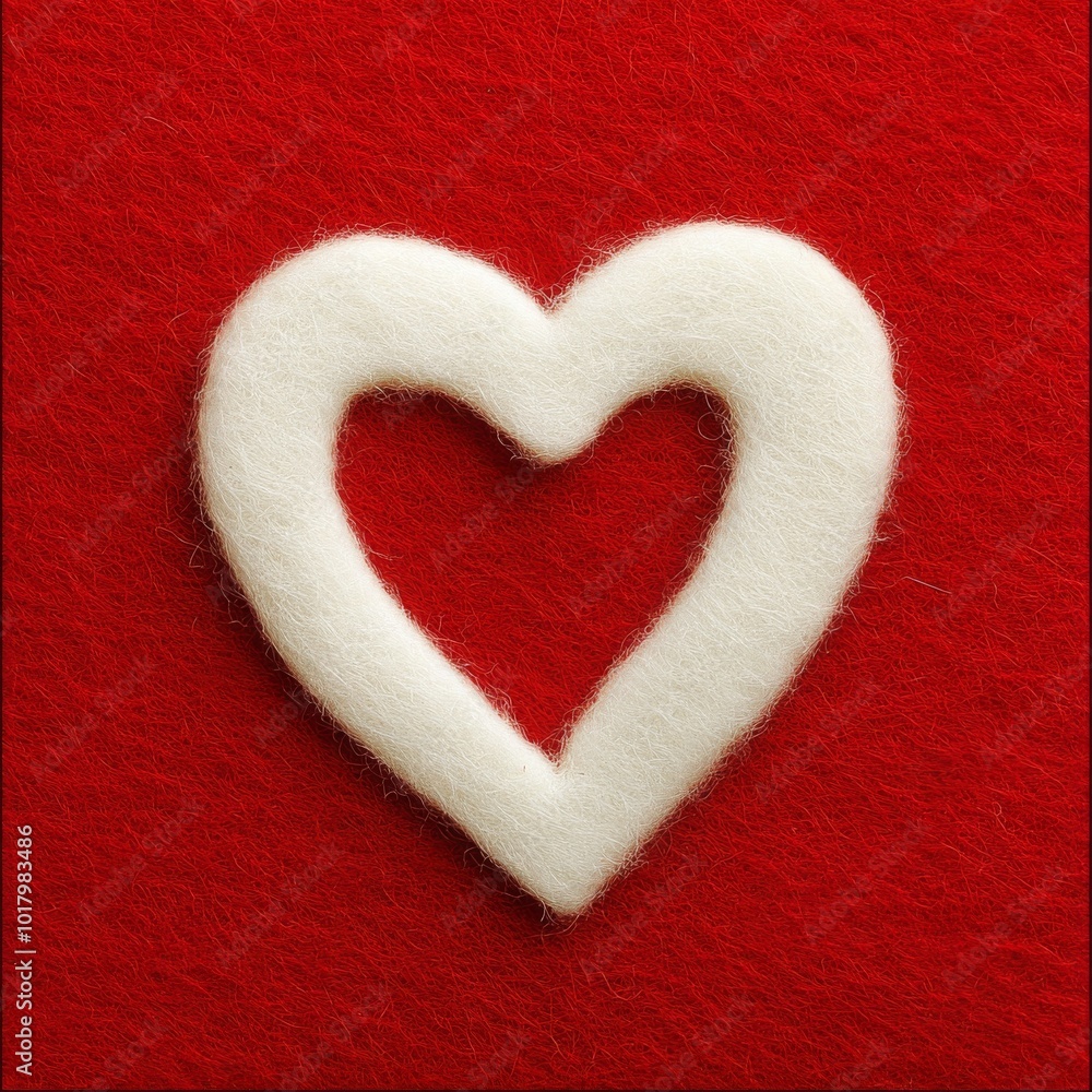 Poster white felt heart shape on red fabric creating a warm and inviting atmosphere for crafts