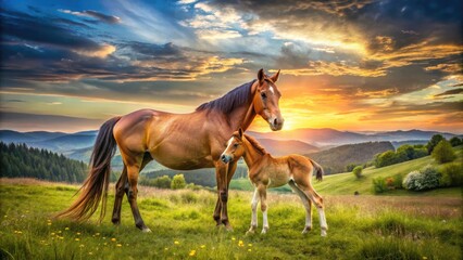 Majestic Mother Horse Nurturing Her Foal in a Serene Pastoral Landscape at Golden Hour Light