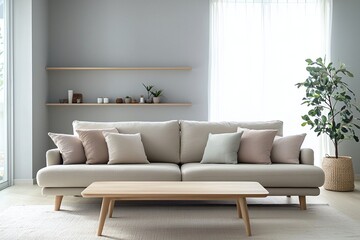 Minimalist, modern Japan interiors in the living room with sofa and table. Generative AI
