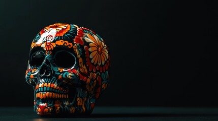 Aesthetic banner for Dia de Los Muertos with traditional calavera skull, black background, copy space. Generative AI