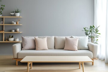 Minimalist, modern Japan interiors in the living room with sofa and table. Generative AI
