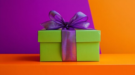 Obraz premium Vibrant Green Cardboard Box Topped with a Purple Bow Against a Violet Backdrop