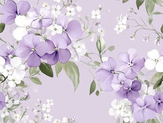 Fototapeta premium Seamless pattern of beautiful floral pattern featuring purple and white flowers on a soft lavender background.