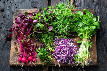 A variety of microgreens in rich colors is arranged on a wooden cutting board, highlighting their fresh appearance and diverse shapes. Generative AI