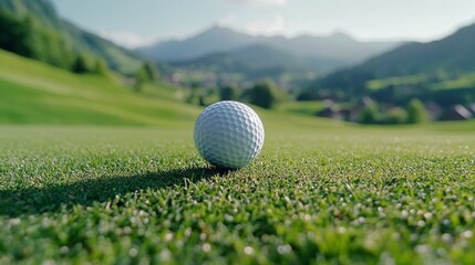 A golf ball is poised on a tee in a lush green landscape during golden hour light