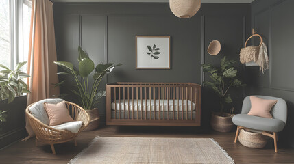 Nursery room with dark gray walls and a wooden crib in front.
