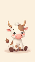 Fototapeta premium Children's cute cow illustration, soft and fluffy texture, pastel colors, large plush cow sitting, with a warm and cozy feel, perfect for children's wallpapers.