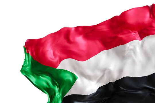 Realistic flag of Sudan with folds, on transparent background. Footer, corner design element. Cut out. Perfect for patriotic themes or national event promotions. 3D render.