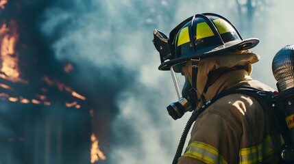 Fototapeta premium A firefighter in full gear stands in front of a burning building.