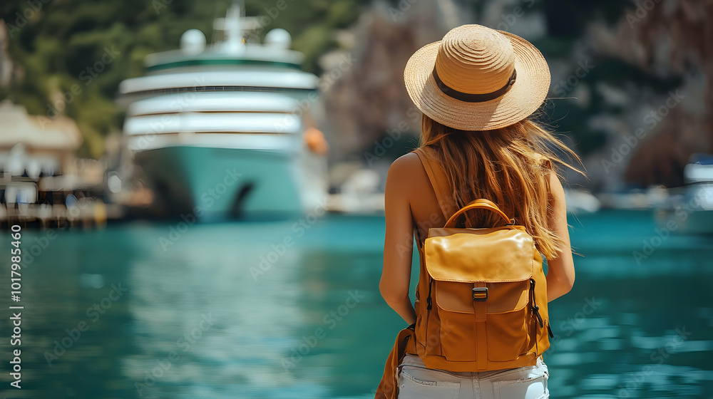 Wall mural A woman with a backpack gazes at a ship near the shore.