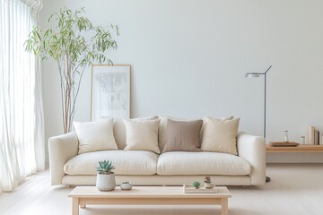 Minimalist, modern Japan interior photograph of a house living room with sofa and pot. Generative AI
