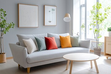 Minimalist, a modern Japandi interior photo of a living room with walls hanging with art frames and a sofa and table. Generative AI
