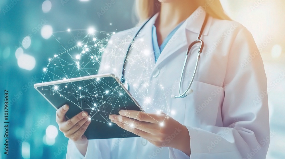 Poster healthcare professional using tablet with data visualization