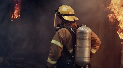 Fototapeta premium Firefighter in full gear, standing near a blaze.