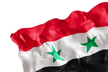 Realistic flag of Syria with folds, on transparent background. Footer, corner design element. Cut out. Perfect for patriotic themes or national event promotions. 3D render.