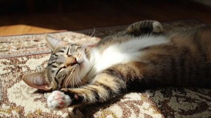 A relaxed cat lounging on a patterned rug in warm sunlight.
