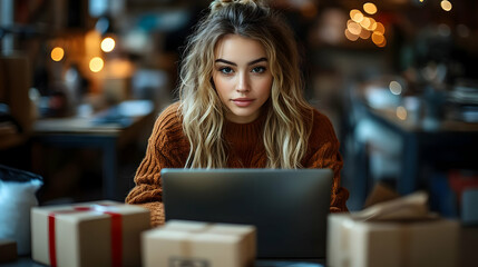 A woman working on a laptop surrounded by packages in a cozy space.