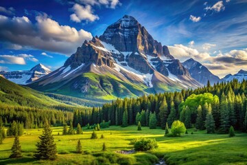 Fototapeta premium Majestic Mt Thor Rising Above Lush Green Valley Under Clear Blue Sky in Stunning Landscape View