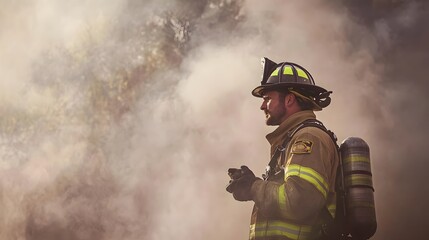 Fototapeta premium A firefighter in full gear stands with a serious expression, smoke billowing behind him.
