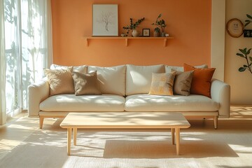 Minimalist, modern Japani interiors in the living room with light orange finished walls and sofas and tables. Generative AI
