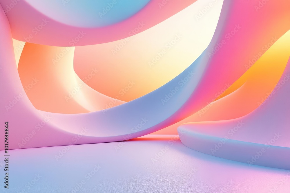 Poster a mesmerizing abstract composition with smooth curves and vibrant colors, creating a serene atmosphe