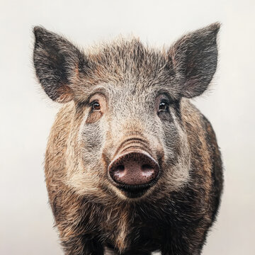 retrato de un jabali marron mirando a c&aacute;mara sobre fondo blanco