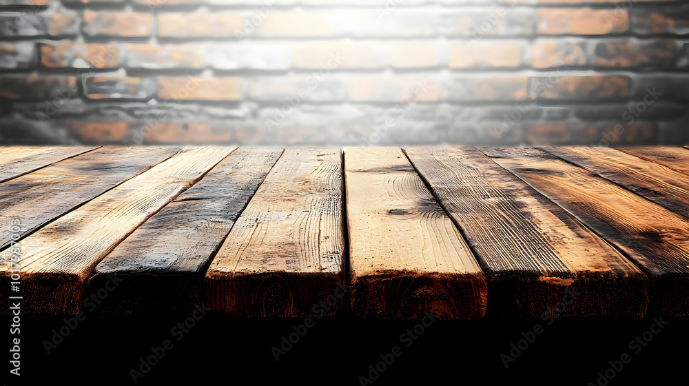 Poster a wooden table in front of a brick wall, creating a rustic backdrop.