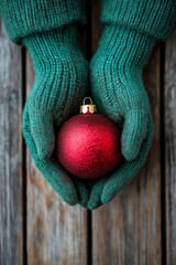 Warm hands holding a shiny red Christmas ornament on rustic wooden background in winter