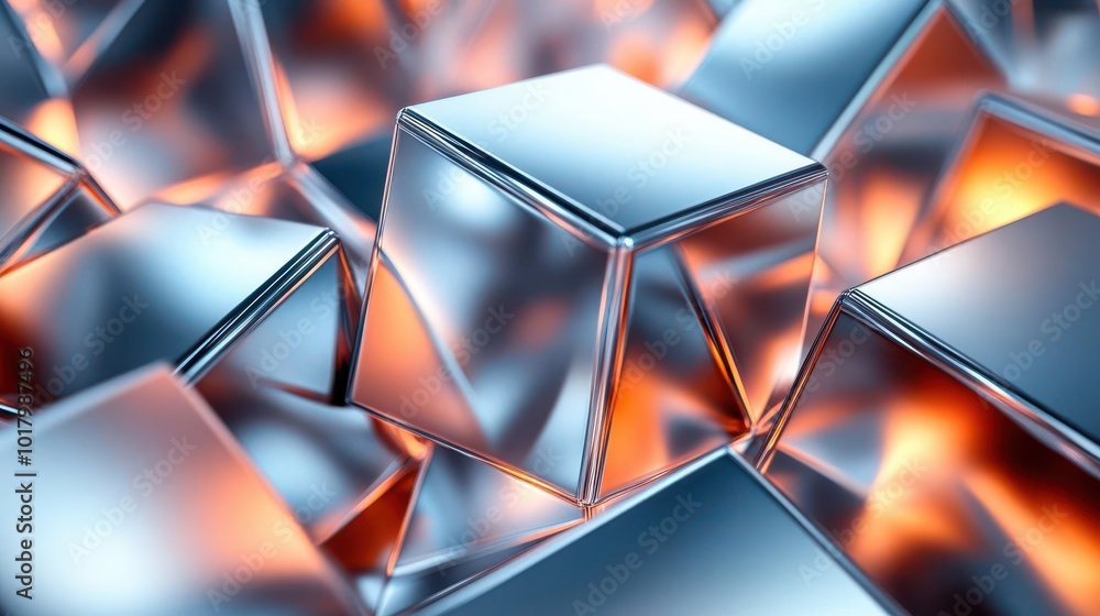Poster a mesmerizing close-up of reflective metallic cubes, showcasing intricate surfaces and dynamic light